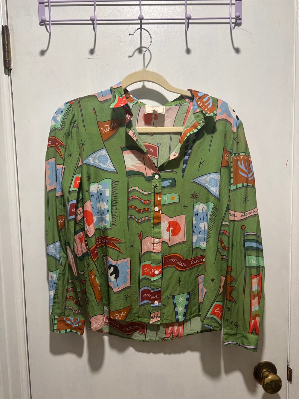 SEZANE x PANGEA Pierre flag button down top cotton silk limited edition size 2